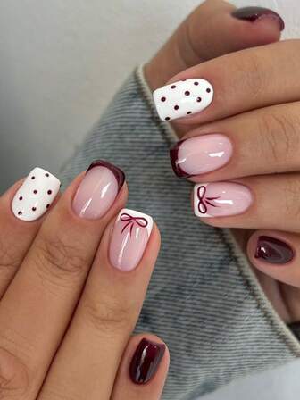 24pcs Short Square Fake Nails, Black & White Wavy Dotted, Burgundy French Bow Accent Cute Acrylic Press-On Manicure Set (Includes: 1pc Jelly Gel & Nail File), Suitable For Women Daily, Dates, Parties