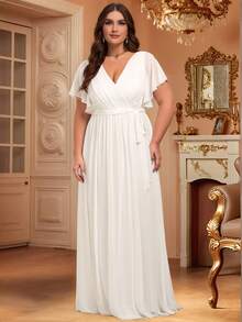 Plus Size Women Flattering Solid Color Ruched V-Neck Ruffle Sleeves Formal Dresses White Elegant Dresses Wedding Dress,Bride