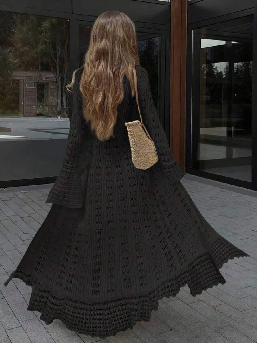 FOR BEAUTY V-Neck Long Sleeve Knit Dress, Fitted Casual Vacation Design, Lightweight Hollow Flare Sleeve Long Dress, Suitable For Beach, Seaside, Swimming - Kose - View 1
