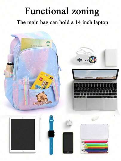 Cute Capybara Nylon Backpack - Lightweight,Spacious,With Fuzzy Pom Pom Decor,Suitable For School And Daily Commute,Travel Backpack Back To School Surprise Gifts School Supplies School Essentials Stationery Supplies