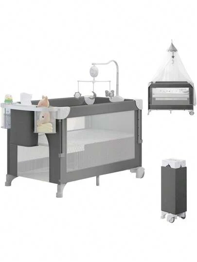 4 en 1 Cuna para Bebé con Mosquitero, Corral Cuna de 2 Niveles Ajustable, con Mesa para Cambiar Pañales, Fácil de Plegar para Viajar Cama de Bebé