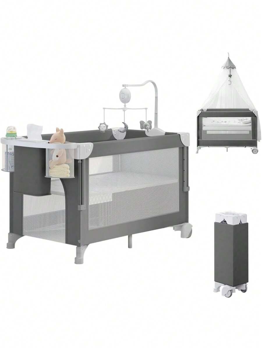 4 en 1 Cuna para Bebé con Mosquitero, Corral Cuna de 2 Niveles Ajustable, con Mesa para Cambiar Pañales, Fácil de Plegar para Viajar Cama de Bebé - Multicolor - Ver 1