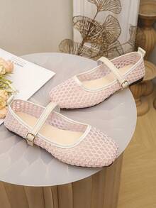 宽楦春秋新款时尚方头女式平底鞋，日常穿着网面低帮平底鞋，尺码36-43，轻便舒适户外加大码女式平底鞋 - 粉紅銀網格 - 查看 7