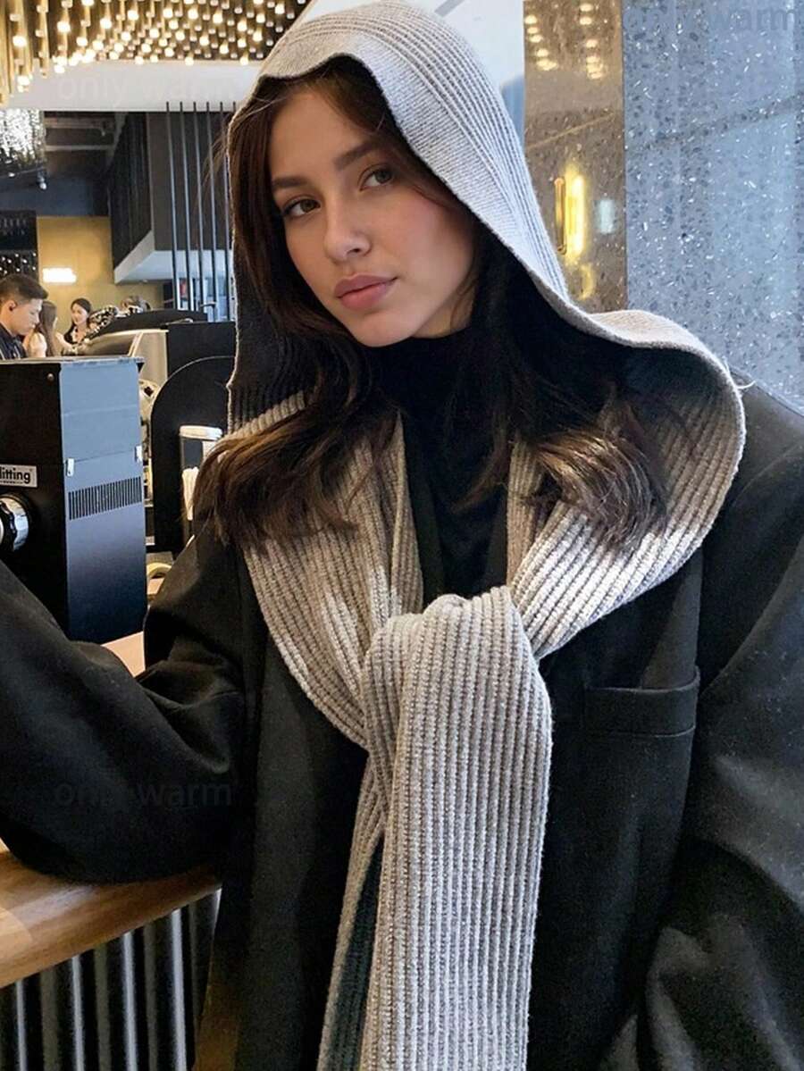 1pc Women Fashion Solid Black/Beige/Gray Striped Textured Pattern Faux Wool Knitted Hooded Scarf/Wrap, Suitable For Autumn/Winter Daily, Outing, Travel For Dress - B (vertical Stripes) - View 1