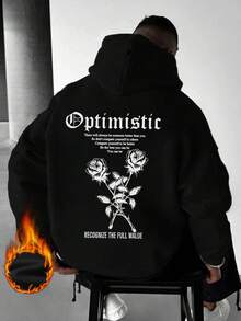 男士秋冬街头时尚乐观玫瑰印花黑色连帽卫衣，长袖上衣 - 黑色 - 查看 4