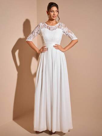 Lace Patchwork Minimalist Backless Elegant Luxurious Wedding Dress