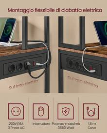 VASAGLE Scaffale da Cucina con LED, Scaffale per Microonde con Multipresa, Ripiani Regolabili, 8 Ganci, 40 x 80 x 168,4 cm, Marrone Vintage e Nero Opaco - Castano - Visualizzare 3