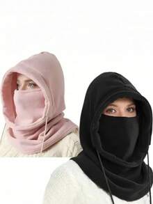 Unisex Warm Fleece Hood + Face Mask 2-In-1 - Adjustable Drawstring Windproof Balaclava For Winter Outdoor Activities - màu đen - Xem 3