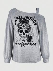 Women's Grey Knit Asymmetric Long Sleeve T-Shirt, Regular Length, Skull Print, Hollow-Out Design, Detailed Pattern - Grey - View 6