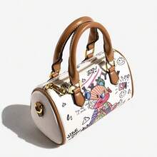 Bag Women's New Anime Fashion Graffiti Cute Little Bear Cartoon Girl Skew Straddle Bag Handheld Boston Bag Portable Retro Fashion Shoulder Bag Suitable For Work, Commuting, Daily Outgoing, Shopping, Dating - 彩色 - 查看 2