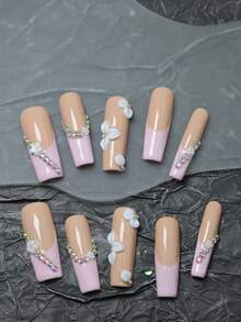 CrystalHola 10片手工法式美甲假指甲，长款粉色指甲，饰以人造宝石和饰品，简约奢华美甲，Y2K风格，彩色亚克力假指甲，适合音乐节、派对和日常佩戴，是送给女孩和女士的绝佳礼物，圣诞美甲 - 彩色 - 查看 14