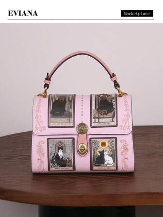 High-End Fashion Women's Handbag, Retro Y2K Luxury Tarot Card Boston Pillow Bag, Cute Cat Pattern Doctor Bag, Pink & Purple Unique Shaped Large Capacity Round Bag, Street Style Niche Design Ladies Tote Shoulder Crossbody Bag