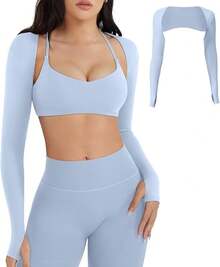 Women Crop Top Long Sleeve Bolero Open Front Workout Cropped Shirts Sports Shrug - 淺藍色 - 查看 12
