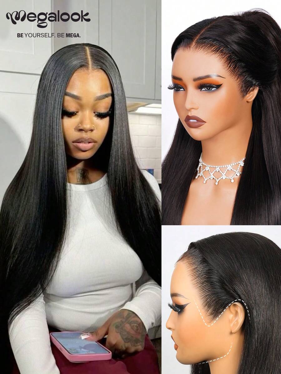 MEGALOOK 36英寸长直发假发，100%真人发，升级版13x6 Three-Go™免胶假发，带抽绳 - 预剪裁耳到耳蕾丝前假发，150%/180%密度，预漂白发结，预拔毛发际线，易于佩戴，直发长假发，26/30/36英寸 - 无需胶水，新手友好，耐用持久，轻盈帽 - SNatural - 查看 1