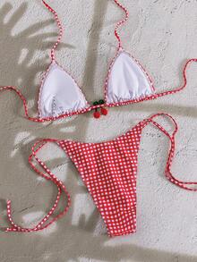 PEPPERMOLLY 条纹格纹酒红色性感交叉比基尼，度假风女士夏季沙滩两件式泳衣，红白格纹樱桃装饰三角泳衣上装和可调节泳裤，性感迷人女士泳装，度假泳池派对泳衣 - 粉色 - 查看 10