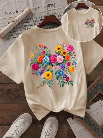 Howell 百搭时尚花卉印花短袖 T 恤女式休闲迷人花卉图案圆领 T 恤女式上衣