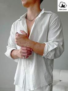 WAIT HIM 100%纯棉男士休闲纯色单排扣长袖衬衫 - 白色 - 查看 3
