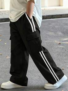 1件装 男童/青少年 舒适百搭 休闲户外 宽松 个性化侧袋 撞色直筒多口袋工装裤，春/夏/秋/冬 - 黑色 - 查看 3