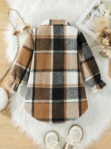 Young Girls Elegant & Cute Loose Mid-Length Flared Hem Woolen Coat, Classic Plaid Versatile Long Sleeve Warm Outerwear, Autumn/Winter Children Clothing - Coffee Brown - View 2