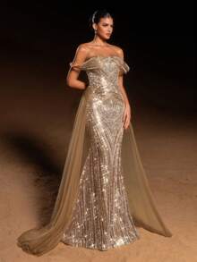 Shiny Patchwork Pattern Sequin Patchwork Zipper Mesh Patchwork Formal Evening Gown - Cà phê nâu - Xem 5