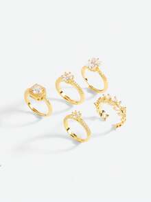 Opalesca 5 件套奢华几何水钻戒指套装优雅女士婚礼派对戒指 - 金黃色 - 查看 5