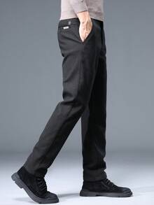Men's Solid Color Slant Pocket Straight Leg Casual Pants, Suitable For Commuting - Black - View 3
