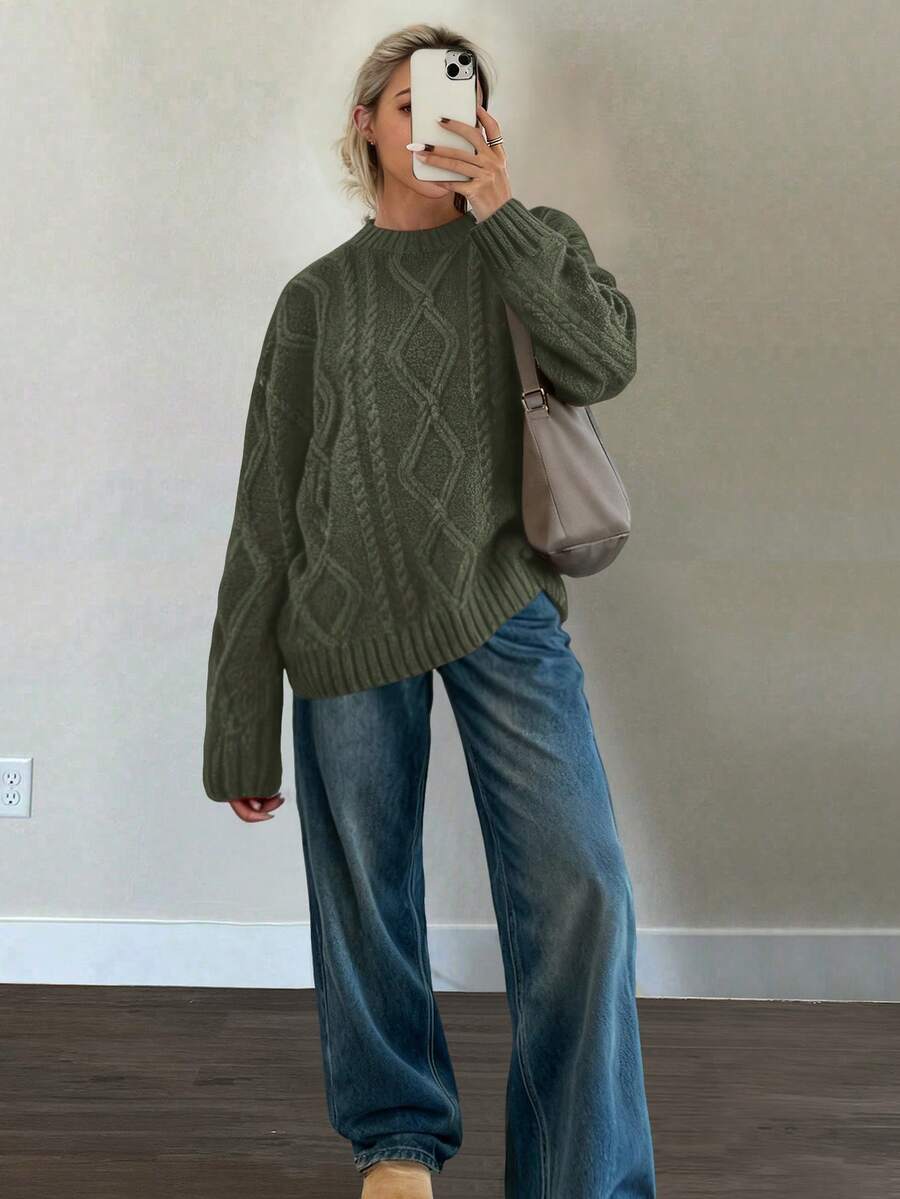 FOR BEAUTY 秋冬新款圆领扭结印花长袖针织衫，女士宽松苔藓绿简约通勤风套头衫，休闲舒适保暖上衣，新年