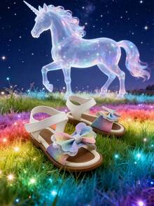 一双儿童/女孩蝴蝶结凉鞋，色彩缤纷的蝴蝶结，白色皮革，柔软舒适，轻便透气，是夏季的理想之选！这款可爱的露趾凉鞋配有可调节的踝带，确保穿着稳固。为任何装扮增添一抹亮丽色彩。透气内衬让小脚丫保持干爽舒适。