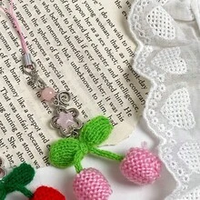 Winter Story New Handmade Knitted Cherry Beaded Five-Pointed Star Sweet Cherry Yarn Craft Phone Lanyard, Phone Charm, Earphone Charm, Bag Charm