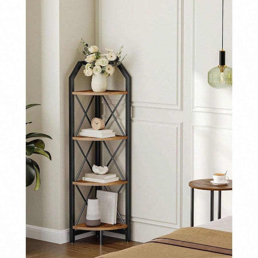 59.4" Corner Shelf 5-Tier Industrial Corner Bookshelf Corner Storage Stand Plant Stand Display Shelf Bookcase For Bedroom Living Room Home Office Rustic Brown And Black TCJ10BF - 鄉村棕色和黑色+4層 - 查看 1