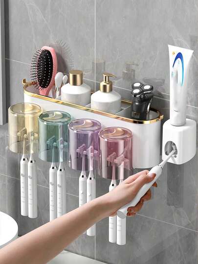 Suport pentru periuță de dinți montat pe perete, suport pentru pahar de apă de gură, suport pentru depozitarea pastei de dinți fără perforare, suport pentru plasarea articolelor de toaletă