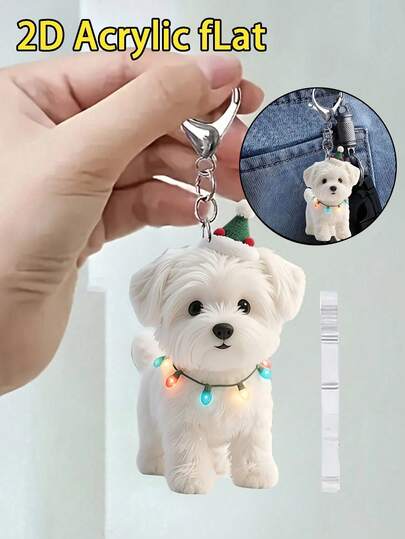 2D平面白色马尔济斯犬圣诞树挂件 - 可爱卡通风格钥匙扣，龙虾扣，完美适用于车钥匙、背包和手提包，可作包包挂饰、汽车挂饰、包包装饰|趣味设计|亚克力材质，女士钱包和手机配件，赠送朋友、家人、女友，户外配饰，派对配饰，礼物，纪念品，完美的返乡礼物