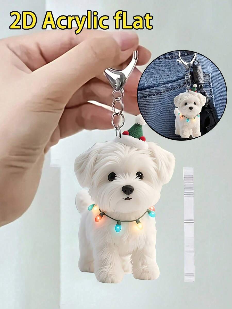 2D平面白色马尔济斯犬圣诞树挂件 - 可爱卡通风格钥匙扣,龙虾扣,完美适用于车钥匙、背包和手提包,可作包包挂饰、汽车挂饰、包包装饰|趣味设计|亚克力材质,女士钱包和手机配件,赠送朋友、家人、女友,户外配饰,派对配饰,礼物,纪念品,完美的返乡礼物 - 彩色 - 查看 1