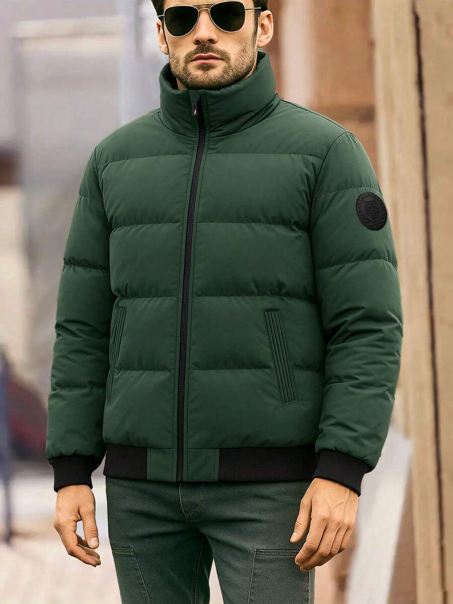 Men's Stand Collar Windbreaker Jacket, Thick Casual Slim Fit Outerwear,Winter - Green - View 1