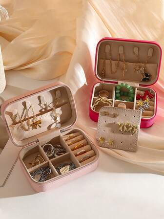 1pc Portable Jewelry Box, Small Jewelry Box For Women, Minimalist Home Jewelry Storage Box, Travel Organizer Box, Exquisite Mini Storage Box, Travel Jewelry Zipper Case For Earrings, Rings, Necklaces, Bracelets. Portable Cosmetic Bag, Cute Makeup Bag, Back To School Essential, Memorable Holiday Gift, Easter Gift, Bridesmaid Gift, Summer Travel Essential, Travel Accessory, Travel Must-Have, Double-Layer Portable Mini Display Storage Box, Cruise Travel Essential.