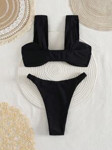 New Solid Color Soft Strap Ruched Sexy Bikini Set, Women Summer Beach Fashion Swimwear
