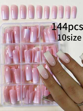 144片矩形极简渐变白色亚克力压制假指甲，提升您的时尚感，适合女性和女孩DIY美甲。