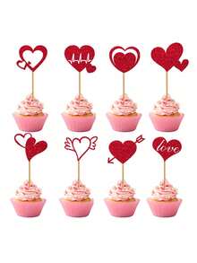 24pcs,Love Cake Insert, Love Series Birthday Cupcake Decoration, Valentine's Day Party Decoration Set, Including Romantic Heart-Shaped Flags, Suitable For Girlfriend's Proposal Anniversary Surprise Decoration, Wedding Anniversary Baking Diy Accessories To Create A Romantic Theme Birthday Party, Couple Afternoon Tea Dessert Table Decoration, Exquisite Packaging, Excellent Gift
