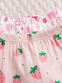 2 Sets (4pcs) Girls & Toddlers Casual Strawberry, Flower, Cherry, Bow, Heart Print Soft & Comfortable Flame Retardant Knit Fabric Long Sleeve T-Shirt And Pants Pajama Set, Suitable For Autumn/Winter Home Wear - Multicolor - View 7