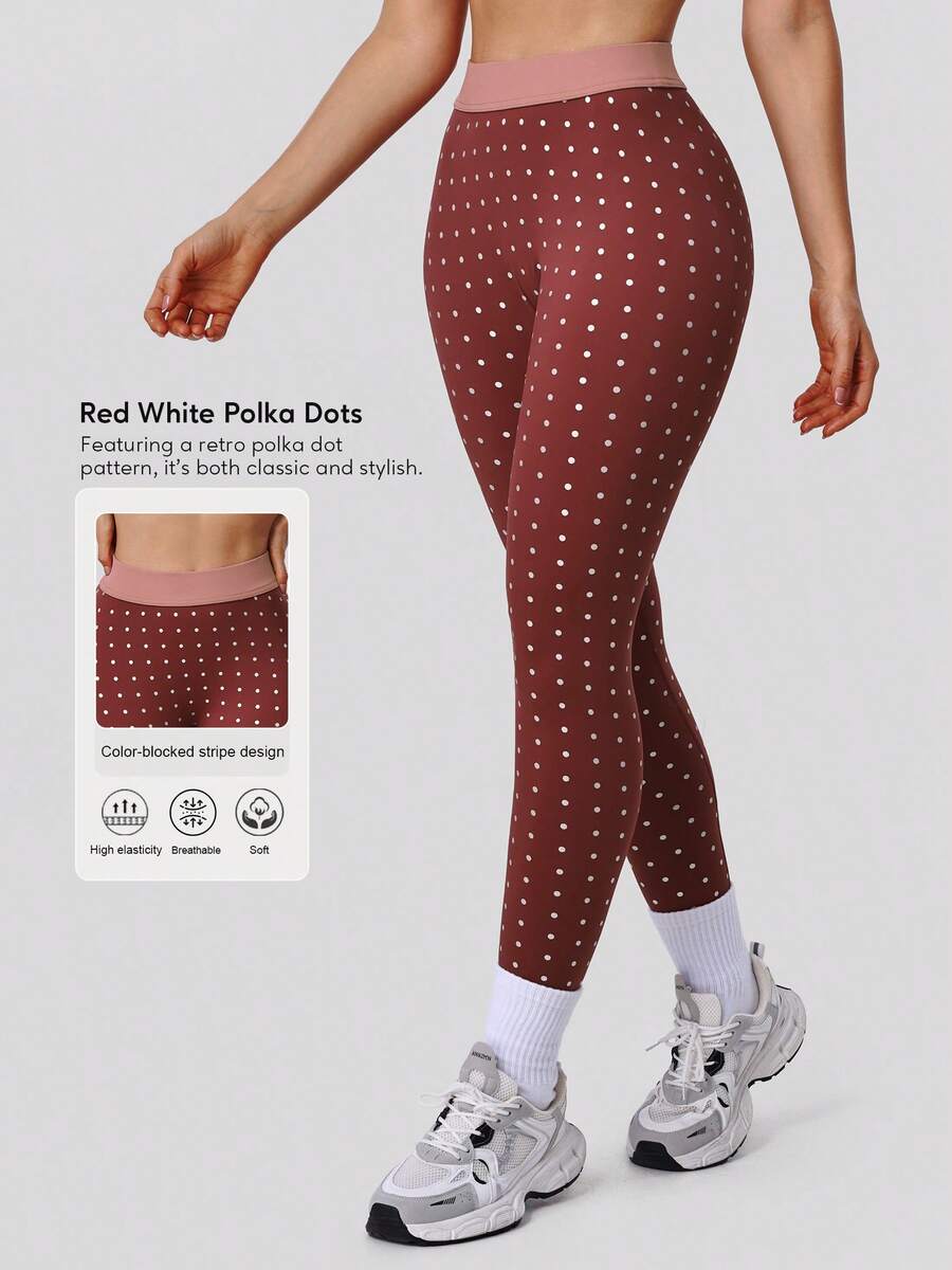 Sodalemon Women's Elastic Waist Polka Dot Fitness Leggings, Seamless Contrast Color Training Tight Pants, Yoga Casual Outdoor Sports Base Layer Tights - 紅色 - 查看 1