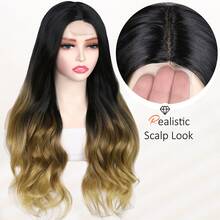 26 Zoll Braun Highlights Perücke für Frauen, lange Wellen 4x1 Spitze, natürliche Haaransatz, klebefrei für Anfänger, Mittelscheitel, synthetisch für Alltag, Weihnachten, Partys usw. - Verschiedenfarbig - Übersicht 4