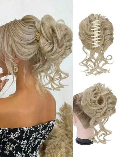 2pcs Messy Bun Hair Claw Clips, Women Wavy Curly Messy Bun Hair Piece Extensions, Short Fluffy Updo Synthetic Hair Extensions (Brown And Bleached Blonde)