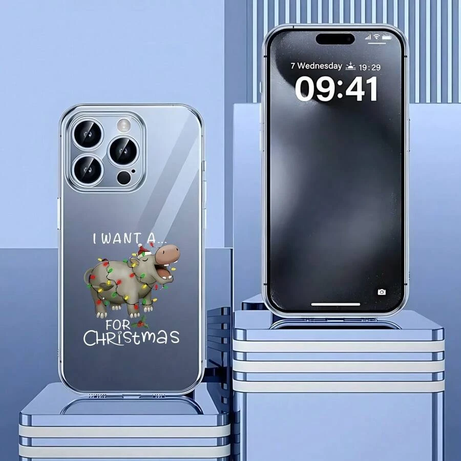 Cubierta de teléfono transparente para combinaciones de moda,Cubierta de teléfono transparente para iPhone con diseño de hipopótamo navideño y texto I WANT A HIPPO FOR CHRISTMAS ideal para temporada festiva Adecuado para teléfonos Apple y Galaxy. - transparente - Ver 1