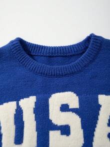 Unisex Casual Crew Neck Long Sleeve American Flag Knit Sweater, Versatile For Winter - Royal Blue - View 3