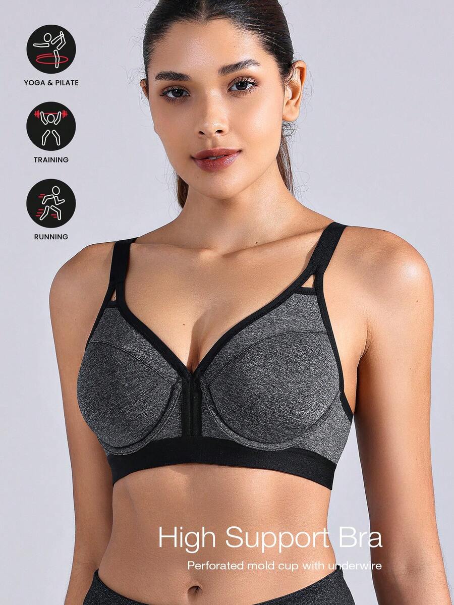 Wingslove High Intensity Lightweight Padded Underwire V-Neck Full Coverage Sports Bra - Grey - View 1