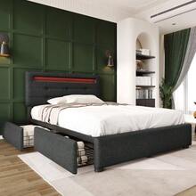 Estrutura de cama com iluminação LED e 2 gavetas, cama de solteiro estofada 90x200cm, cabeceira ajustável em altura, estrado de ripas de madeira, cinza (colchão não incluído) - Cinza 3 - Ver 10