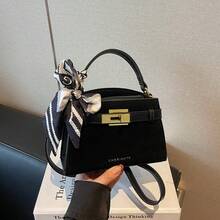 low tea 新款夏季荔枝纹女士手提包，时尚可调节肩带斜挎包，简约纯色高端金属装饰单肩通勤包 - 黑色 - 查看 9