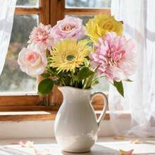 Yellow Pink Artificial Flowers Combo Set Fake Flower Leaf Box With Stemst For DIY Wedding Bridal Bouquet, Centerpieces, Home Decor, Floral Arrangement Decor,YellowPink - VàngHồng - Xem 9