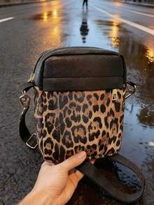 男士时尚小方包，多功能单肩斜挎包，男女通用迷你手机包，豹纹PU皮材质，轻便大容量，多隔层设计，适合各种场合，如通勤、商务、旅行、运动、摩托车骑行等，网红风单肩包，万圣节礼物、圣诞节礼物、生日礼物、情人节礼物，送给男朋友、女朋友的理想之选。 - 黑色 - 查看 2