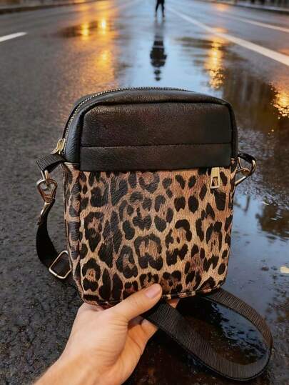 男士时尚小方包，多功能单肩斜挎包，男女通用迷你手机包，豹纹PU皮材质，轻便大容量，多隔层设计，适合各种场合，如通勤、商务、旅行、运动、摩托车骑行等，网红风单肩包，万圣节礼物、圣诞节礼物、生日礼物、情人节礼物，送给男朋友、女朋友的理想之选。